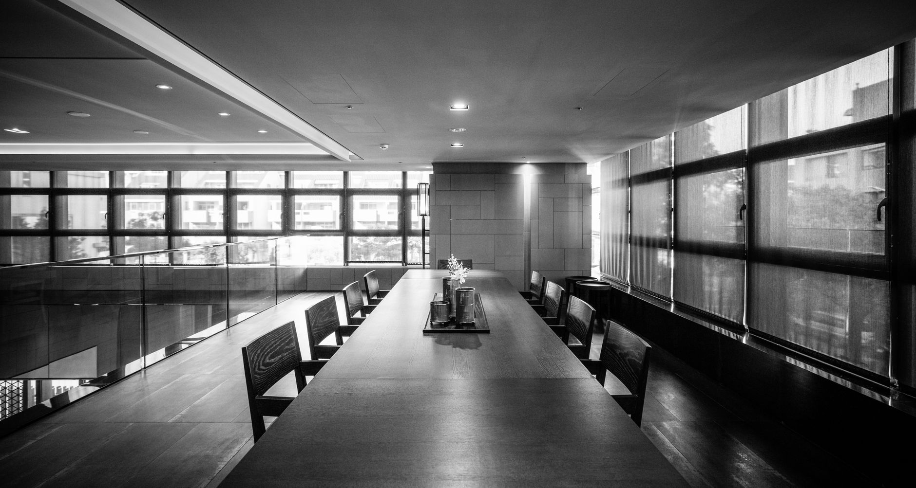 Long meeting table in an empty office